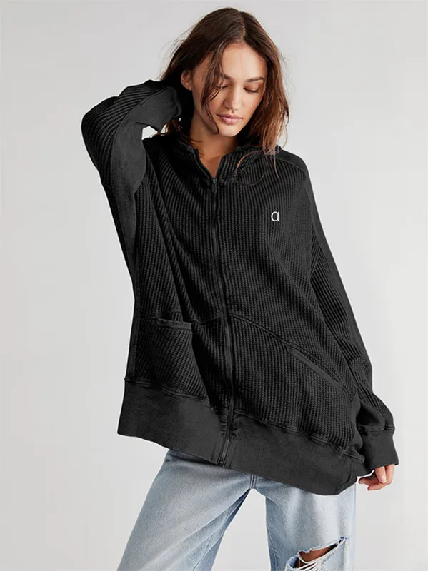 Chaqueta con capucha para mujer A-256 atuendo de mangas largas bolsillos de color sólido chaquetas de gimnasio suelto atuendo de