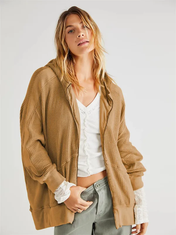 Chaqueta con capucha para mujer A-256 atuendo de mangas largas bolsillos de color sólido chaquetas de gimnasio suelto atuendo de